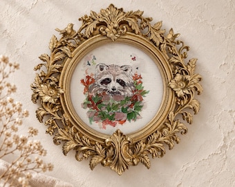 Tvättbjörn och blommor — Runt inramat konsttryck