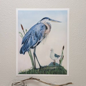 May include: A watercolor painting of a blue heron standing on a rock with a small white seagull perched on a rock nearby. The heron has a long neck and beak, and its feathers are a mix of blue, gray, and white. The seagull has a yellow beak and black eyes.