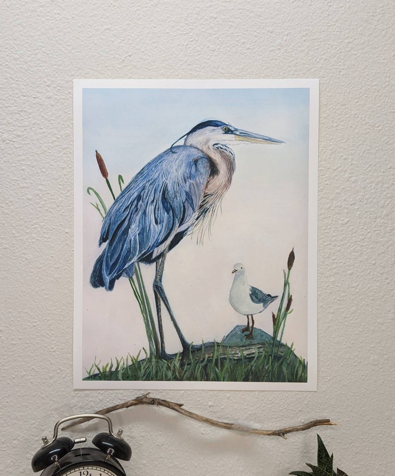 May include: A watercolor painting of a blue heron standing on a rock with a small white seagull perched on a rock nearby. The heron has a long neck and beak, and its feathers are a mix of blue, gray, and white. The seagull has a yellow beak and black eyes.