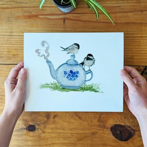 Chickadee Birds on Teapot Art Print - Watercolor Design - Lora Cavallin Art Print Only