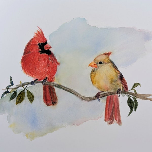 Male and Female Cardinal Birds Print - Watercolor Design - Lora Cavallin Art