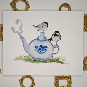 Chickadee Birds on Teapot Art Print - Watercolor Design - Lora Cavallin Art