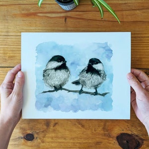Chickadee Birds on Branch Art Print  - Wall Decor - Watercolor Design - Cute and Quirky Art - Lora Cavallin Art Print Only