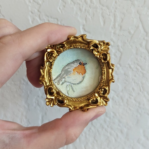 Mini Robin Bird Painting - Tiny Framed Original Watercolor Art - Lora Cavallin