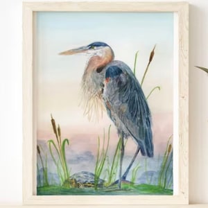 GREAT BLUE HERON - Art Print / Poster - Watercolor Design - Lora Cavallin Art