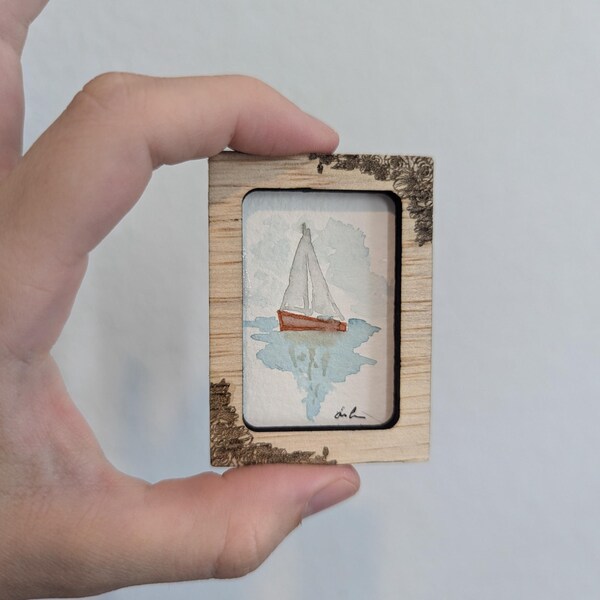 Mini Watercolor Sailboat Painting - Tiny Framed Original Art - Lora Cavallin