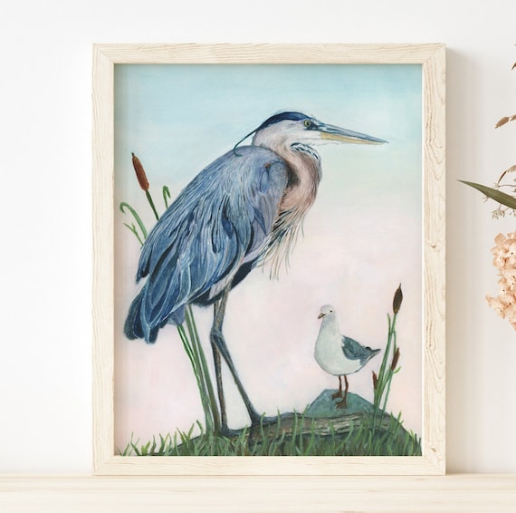 Great Blue Heron and Seagull Art Print - Coastal Wall Decor - Bird Enthusiast - Lora Cavallin Art Print Only
