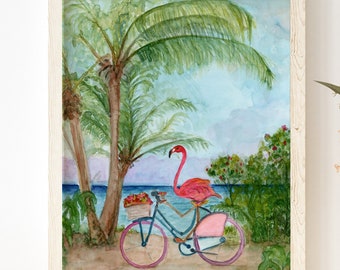 Flamingo on Bike Art Print - Watercolor Design - Lora Cavallin Art Print Only