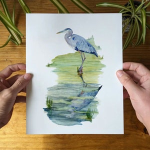 Great Blue Heron Art Print - Blue Heron in Creek with Reflection - Coastal Bird Wall Decor - Lora Cavallin Art Print Only