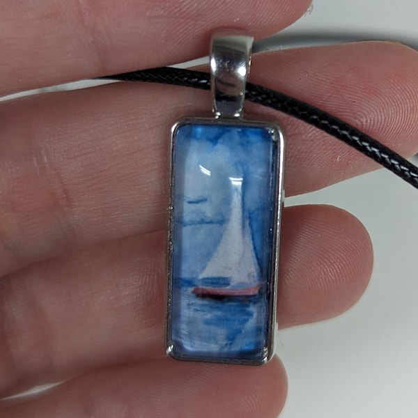 Sailboat Pendant Necklace - Watercolor Design - Wearable Art