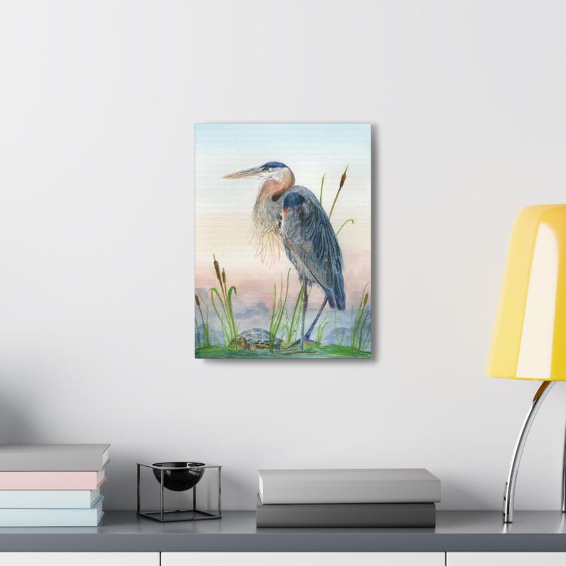 Great Blue Heron With Turtle Stretched Watercolor Art Canvas Gallery