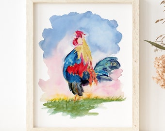 Crowing Rooster Art Print - Watercolor Design - Lora Cavallin Art