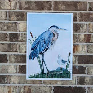 May include: A print of a blue heron standing on a rock with a smaller white bird perched on a rock nearby. The background is a light blue sky with some green reeds.