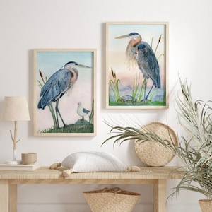 Pair Great Blue Heron Art Prints - Coastal Wall Decor - Lora Cavallin Art