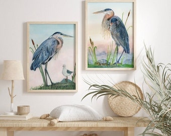 Pair Great Blue Heron Art Prints - Coastal Wall Decor - Lora Cavallin Art