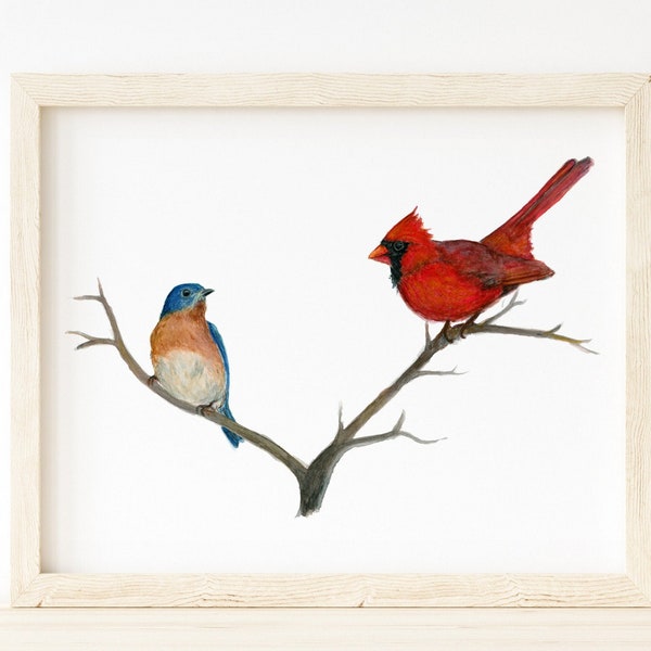 Cardinal and Bluebird Art Print - Watercolor Design - Lora Cavallin Art