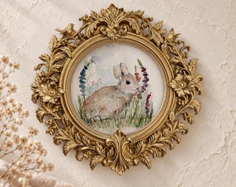 Kanin och blommor — Rund inramad tavla