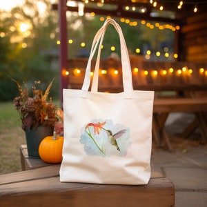 Humming Bird and Lily Flower Watercolor Art - Cotton Canvas Tote Bag