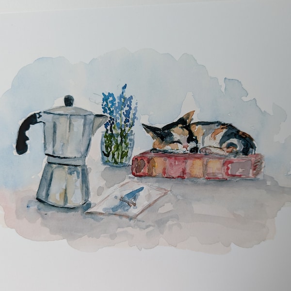 Kitten Sleeping on Book - Cozy Room Scene -  Watercolor Design - Cute and Quirky Art - Lora Cavallin Art