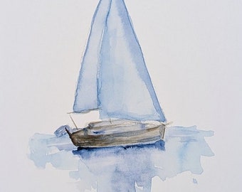 May include: A watercolor painting of a sailboat with a blue sail and a brown hull, sailing on a light blue body of water.