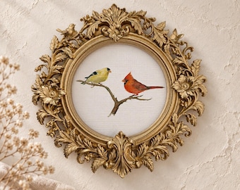Finch och kardinal — Runt inramat konsttryck