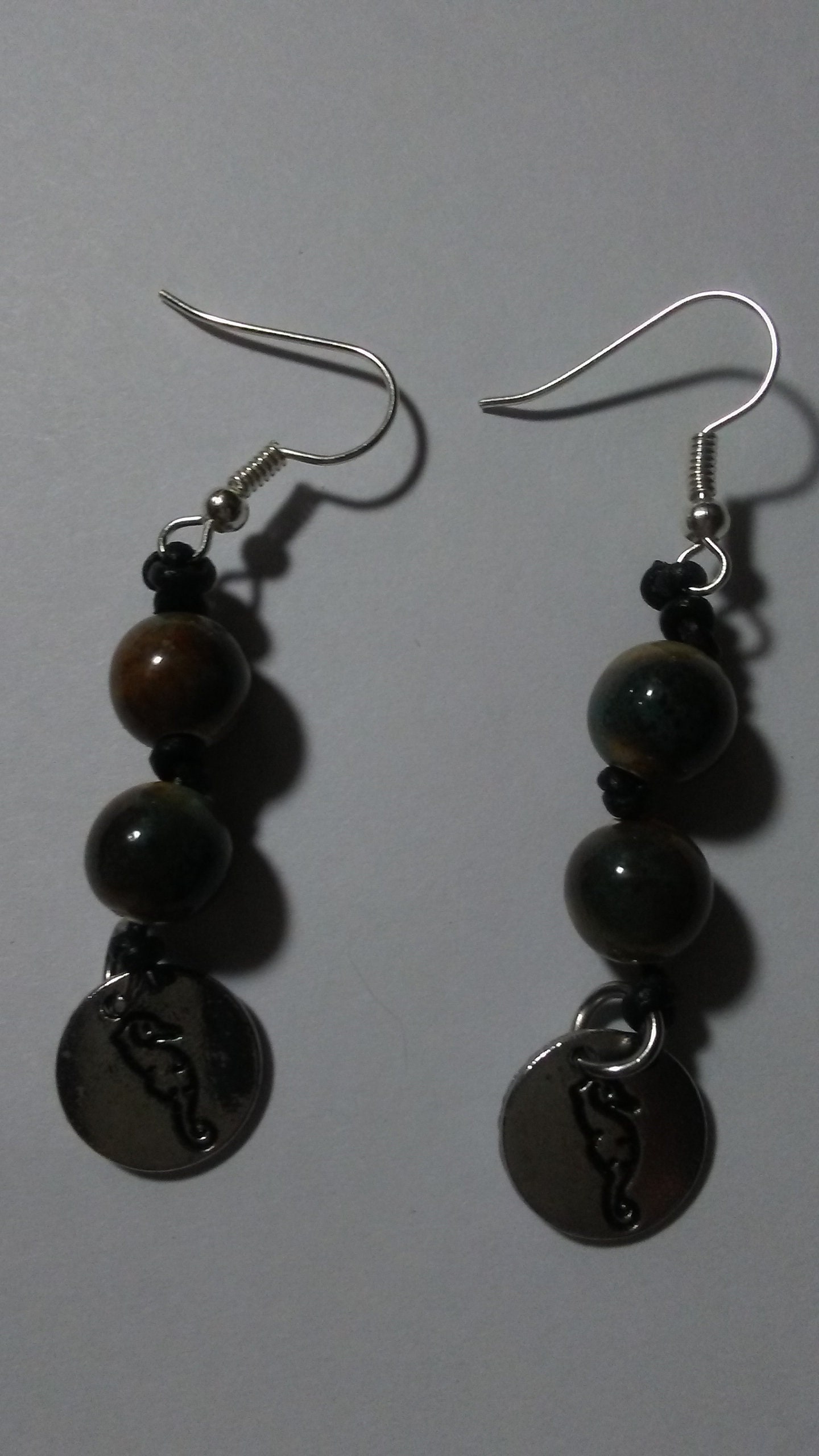 Jewelry Small Brown/Blue Marble Bead Earring with Silver Seahorse