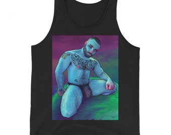 May include: A tank top with a colorful illustration of a person with a tattoo that says "Love Wins" on their chest. The person is sitting with their legs crossed and has a blue and green background.