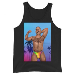 May include: A black tank top with a colorful image of a man with a mustache wearing a rainbow swimsuit and standing in front of a tropical beach scene.
