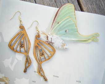 Wood Luna Moth Earrings, Wooden moth wings, Nature statement jewelry, Valentine's gift/ Lupercalia Gift