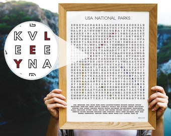 US 60 National Parks Travel Checklist, Word Search Wall Art Poster Print, Unique Adventure Gifts for Him/Her