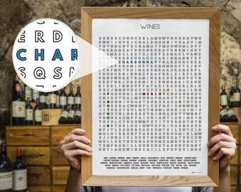 WINES Checklist, Word Search Wall Art Poster Print, Unique Wine Lover Gifts for Him/Her