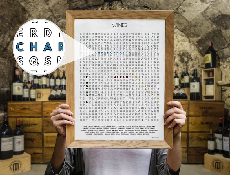 WINES Checklist, Word Search Wall Art Poster Print, Unique Wine Lover