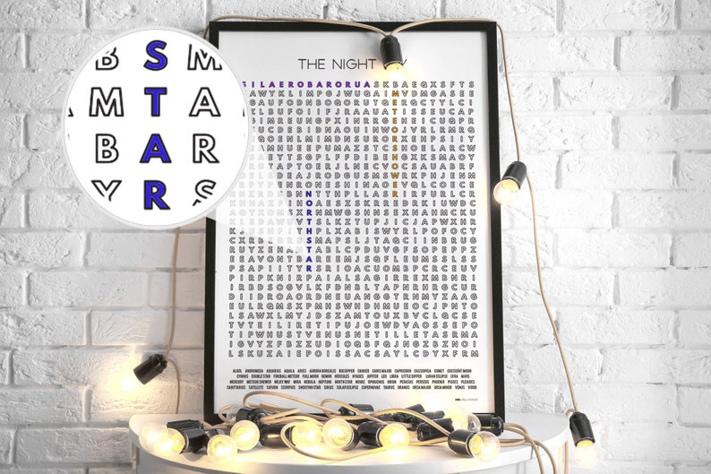 The Night Sky Astronomy Check List Word Search Wall Art Poster-Print, Unique Gifts for Couple, Decor For Your Home image 1