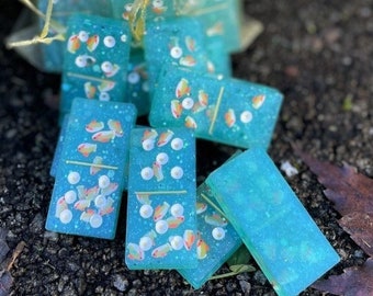 Aqua blue resin dominoes set with goldfish-fetti