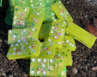 Lime green colored resin Dominoes set with fruit salad confetti