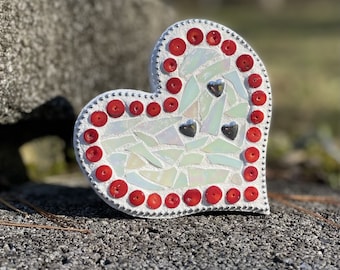White heart mosaic with red and silver-toned accents wall decor