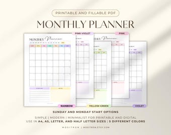 Ongedateerde digitale maandplanner pdf, afdrukbare maandkalender, iPad planner, 5 pastelkleurenpaletten, minimalistisch ontwerp, A4, A5-formaat (letterformaat)