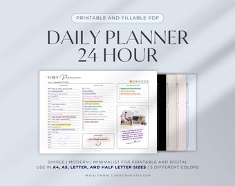 24 Hour Horizontal Daily Planner, Minimalist Layout, Printable & Fillable PDF, Digital Schedule Template, A4 A5 Letter and Half Sizes