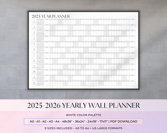 Jaarplanner voor 2025-2026 | Minimaal wit kleurenpalet | Grote wandkalender | A0 A1 A2 A3 A4 | 48 x 36 36 x 24 24 x 18 17 x 11 | Pdf-download