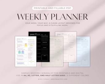 Niet-gedateerde weekplanner, pdf | Minimalistisch, invulbaar en afdrukbaar | A4, A5, brief, halve letter | Kleuren wit, zwart, beige, roze en blauw