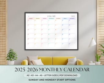 Maandkalender 2025-2026, liggend | Pastelkleurige regenboog | Afdrukbare horizontale planner | A2 A3 A4 A5 Letter | Maandag Zondag Start