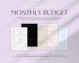 Maandelijkse budgetplanner pdf voor digitaal en afdrukbaar | Minimalistisch, invulbaar, compatibel met GoodNotes (A4, A5, Letter, halve letter)
