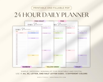 Pastelkleurige 24-uurs dagelijkse planner pdf, afdrukbare dagplanner, 5 pastelkleurenpaletten, minimalistische pdf-planner, A4 A5, Letter-formaat