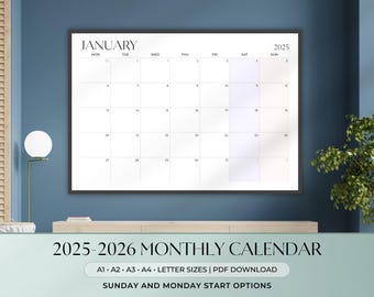 Maandkalender 2025-2026, liggend | Afdrukbare horizontale kalender | A1 A2 A3 A4 Letter | Start maandag en zondag | Minimalistische pastel