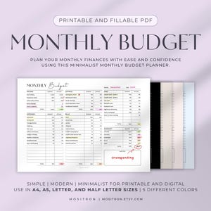 Op de afbeelding: Printbare maandelijkse budgetplanner in PDF-formaat. De planner heeft secties voor inkomsten, uitgaven en besparingen. Hij is verkrijgbaar in vijf verschillende kleuren en kan worden afgedrukt in de formaten A4, A5, Letter en Half Letter.