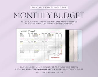 Maandelijkse budgetplanner pdf voor digitaal en afdrukbaar | Liggend, horizontaal | Minimalistisch, invulbaar, goede notities | A4, A5, letter, halve letter