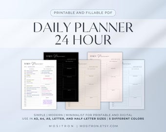 24-uurs dagelijkse planner, afdrukbare en invulbare pdf, minimalistisch dagschema, persoonlijke planner, halve letter A3 A4 A5, digitale download