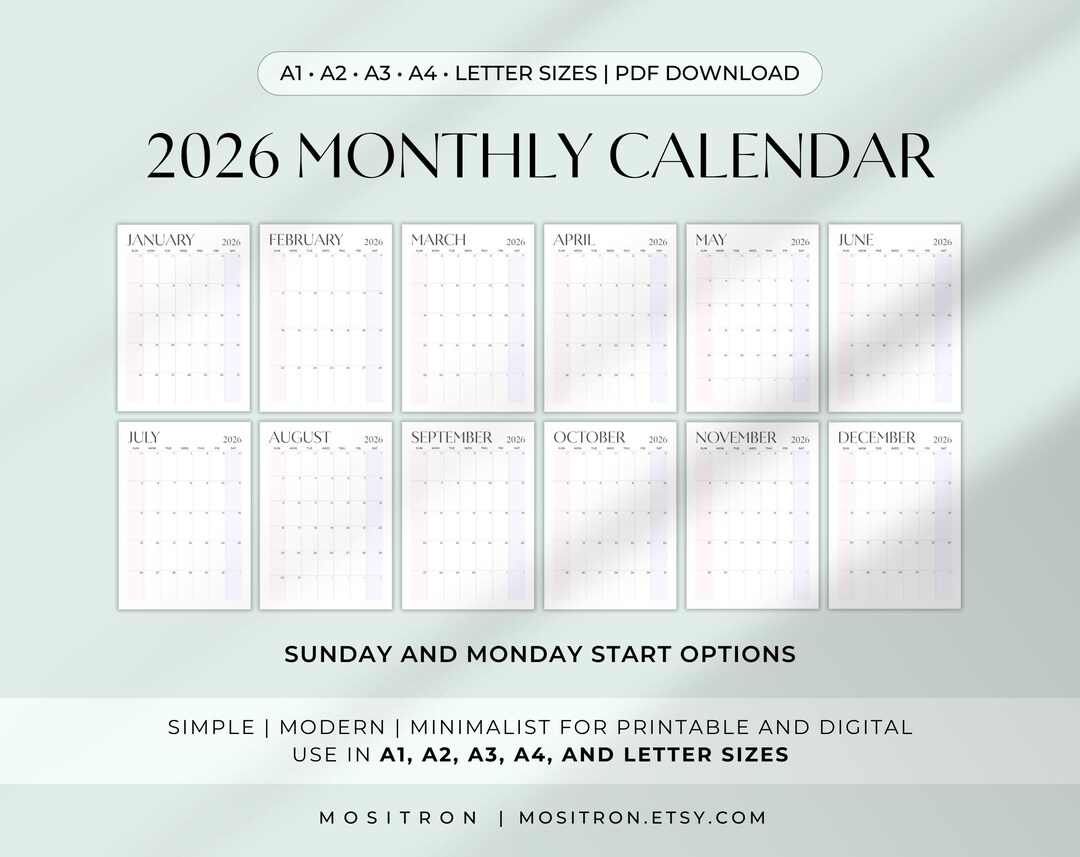 2026 Monthly Wall Calendar | 2026 Printable Calendar | Large Wall ...