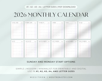 Maandkalender 2026 | Afdrukbare kalender 2026 | Grote wandkalender | Maandag Zondag Start | A1 A2 A3 A4 Letter | Minimalistische pastel