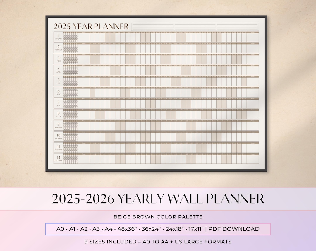 2025-2026 Yearly Wall Planner | Beige Brown Minimalist Design | Large